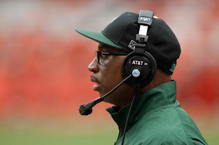 Coach Curtis Johnson on the sideline in the third quarter of a game against the Syracuse Orange at Carrier Dome.